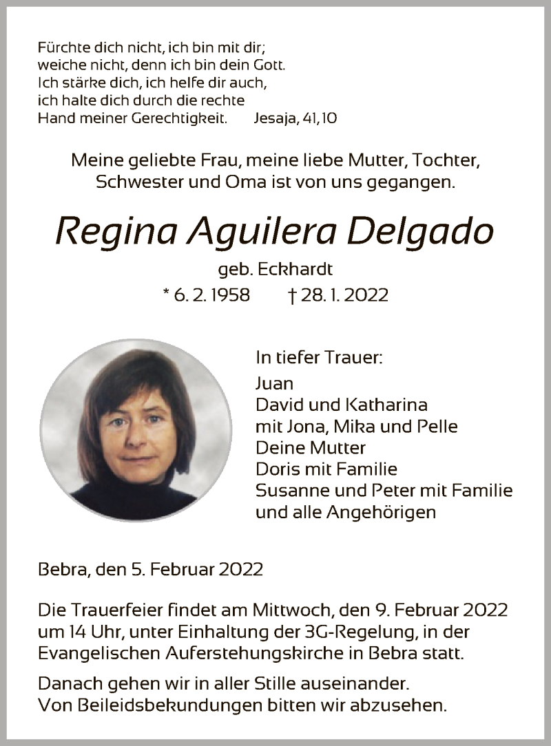  Traueranzeige für Regina Aguilera Delgado vom 05.02.2022 aus HNA