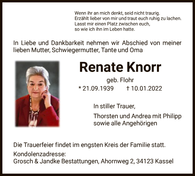  Traueranzeige für Renate Knorr vom 19.02.2022 aus HNA