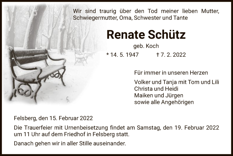  Traueranzeige für Renate Schütz vom 15.02.2022 aus HNA