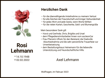 Traueranzeige von Rosi Lehmann von HNA