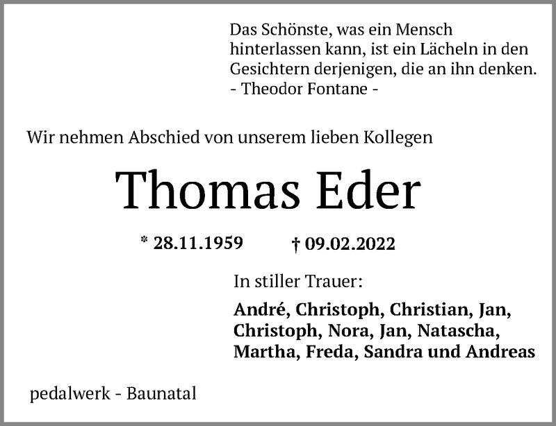  Traueranzeige für Thomas Eder vom 22.02.2022 aus HNA