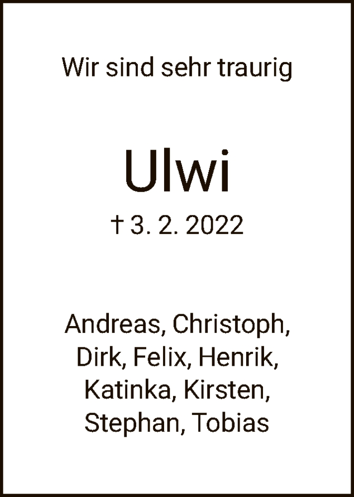  Traueranzeige für Ulwi  vom 12.02.2022 aus HNA