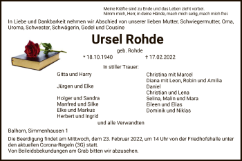 Traueranzeige von Ursel Rohde von HNA