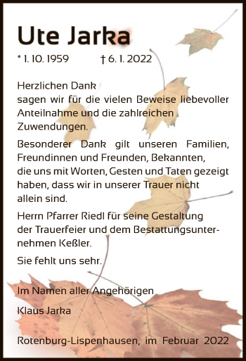 Traueranzeige von Ute Jarka von HNA