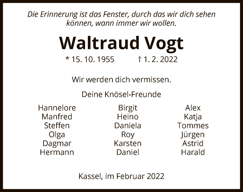  Traueranzeige für Waltraud Vogt vom 12.02.2022 aus HNA