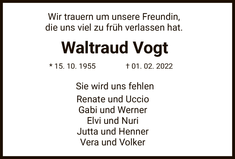  Traueranzeige für Waltraud Vogt vom 12.02.2022 aus HNA