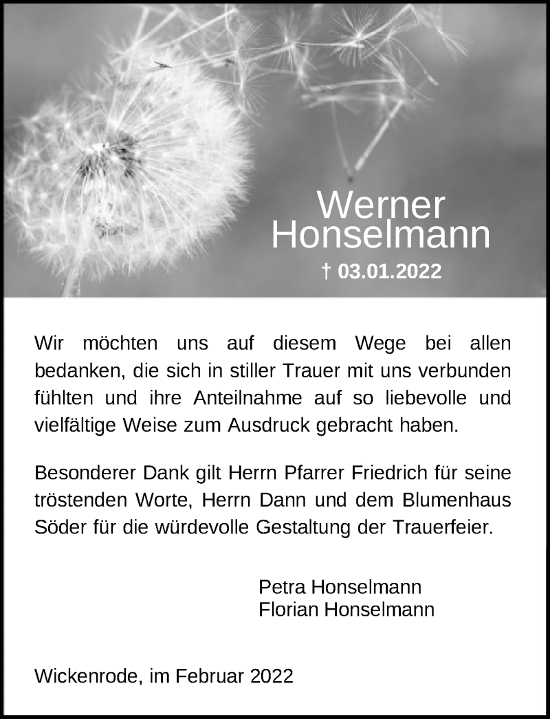  Traueranzeige für Werner Honselmann vom 05.02.2022 aus HNA