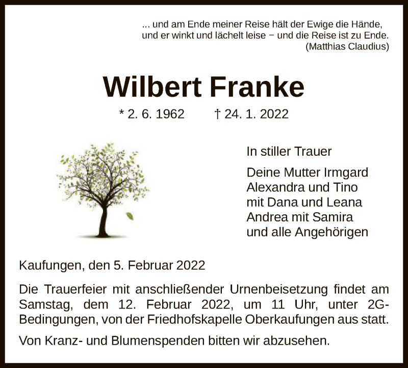  Traueranzeige für Wilbert Franke vom 05.02.2022 aus HNA