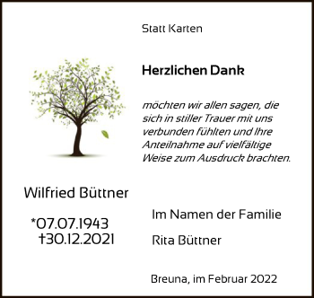 Traueranzeige von Wilfried Büttner von HNA