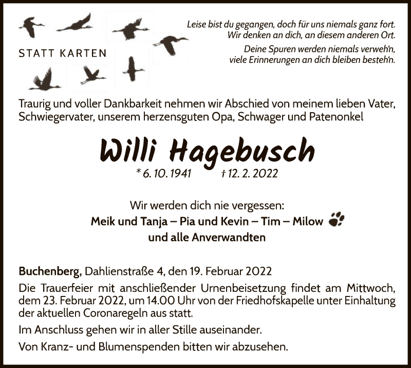  Traueranzeige für Willi Hagebusch vom 19.02.2022 aus WLZ