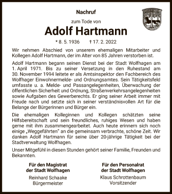 Traueranzeige von Adolf Hartmann von HNA