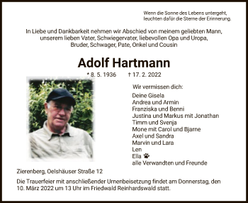 Traueranzeige von Adolf Hartmann von HNA