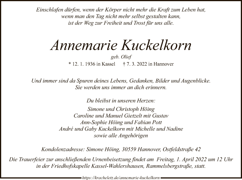  Traueranzeige für Annemarie Kuckelkorn vom 19.03.2022 aus HNA