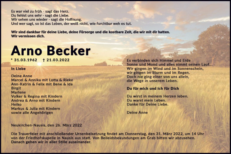  Traueranzeige für Arno Becker vom 26.03.2022 aus HNA