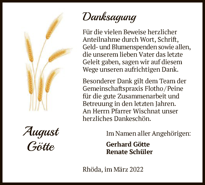  Traueranzeige für August Götte vom 05.03.2022 aus HNA