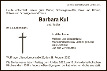 Traueranzeige von Barbara Kul von HNA