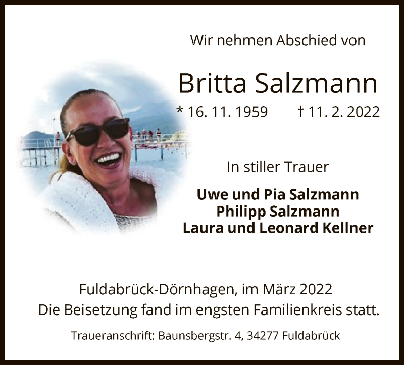  Traueranzeige für Britta Salzmann vom 12.03.2022 aus HNA