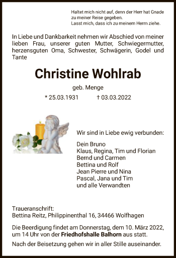 Traueranzeige von Christine Wohlrab von HNA