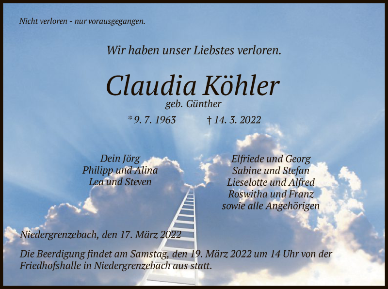  Traueranzeige für Claudia Köhler vom 17.03.2022 aus HNA