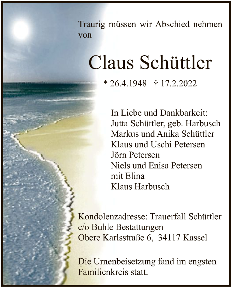  Traueranzeige für Claus Schüttler vom 05.03.2022 aus HNA