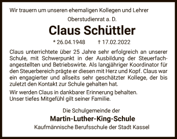 Traueranzeige von Claus Schüttler von HNA