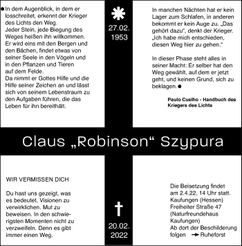 Traueranzeige von Claus Szypura von HNA
