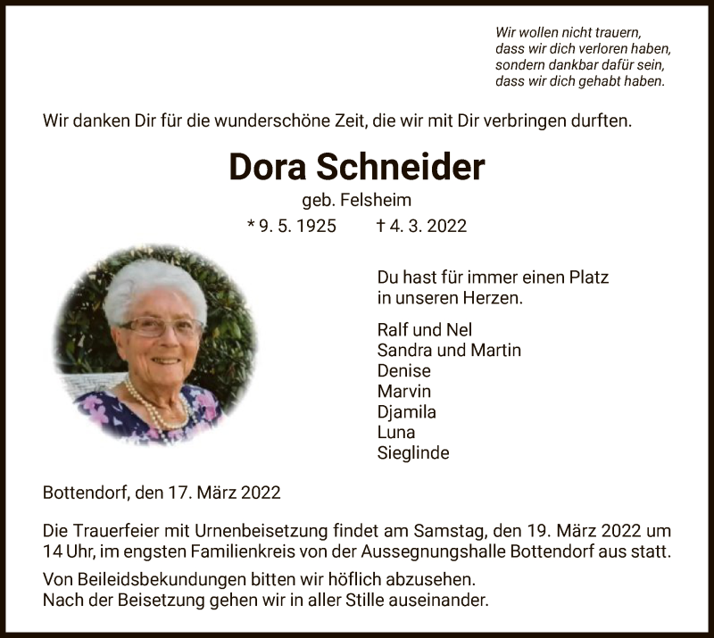  Traueranzeige für Dora Schneider vom 17.03.2022 aus HNA