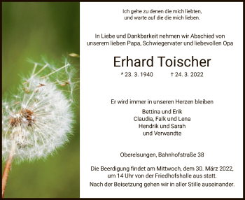 Traueranzeige von Erhard Toischer von HNA