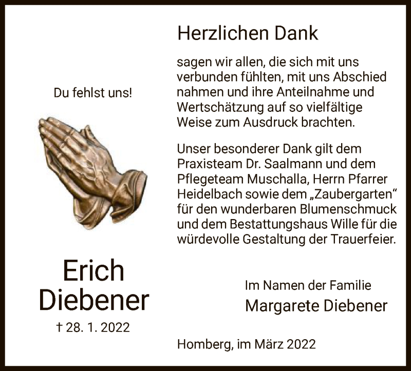  Traueranzeige für Erich Diebener vom 05.03.2022 aus HNA