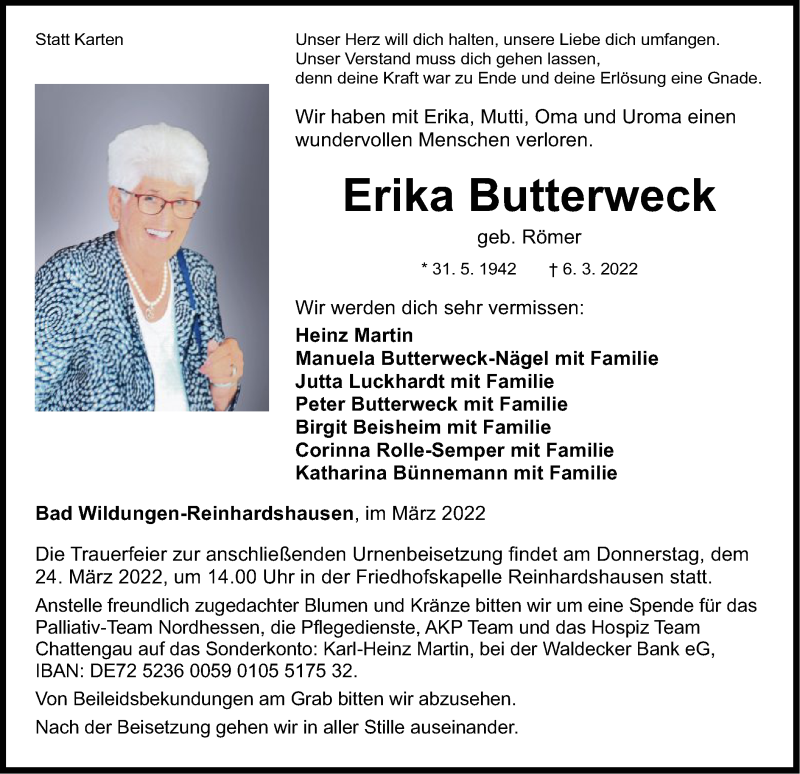  Traueranzeige für Erika Butterweck vom 19.03.2022 aus HNA