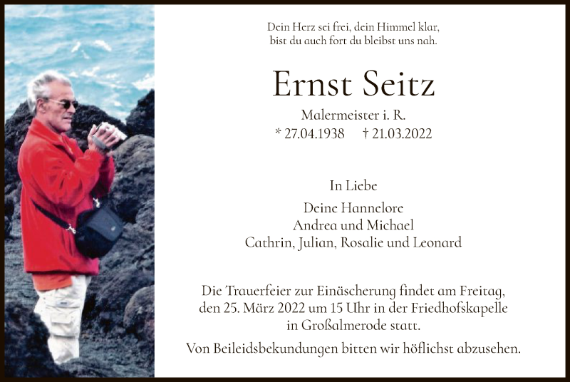  Traueranzeige für Ernst Seitz vom 24.03.2022 aus HNA