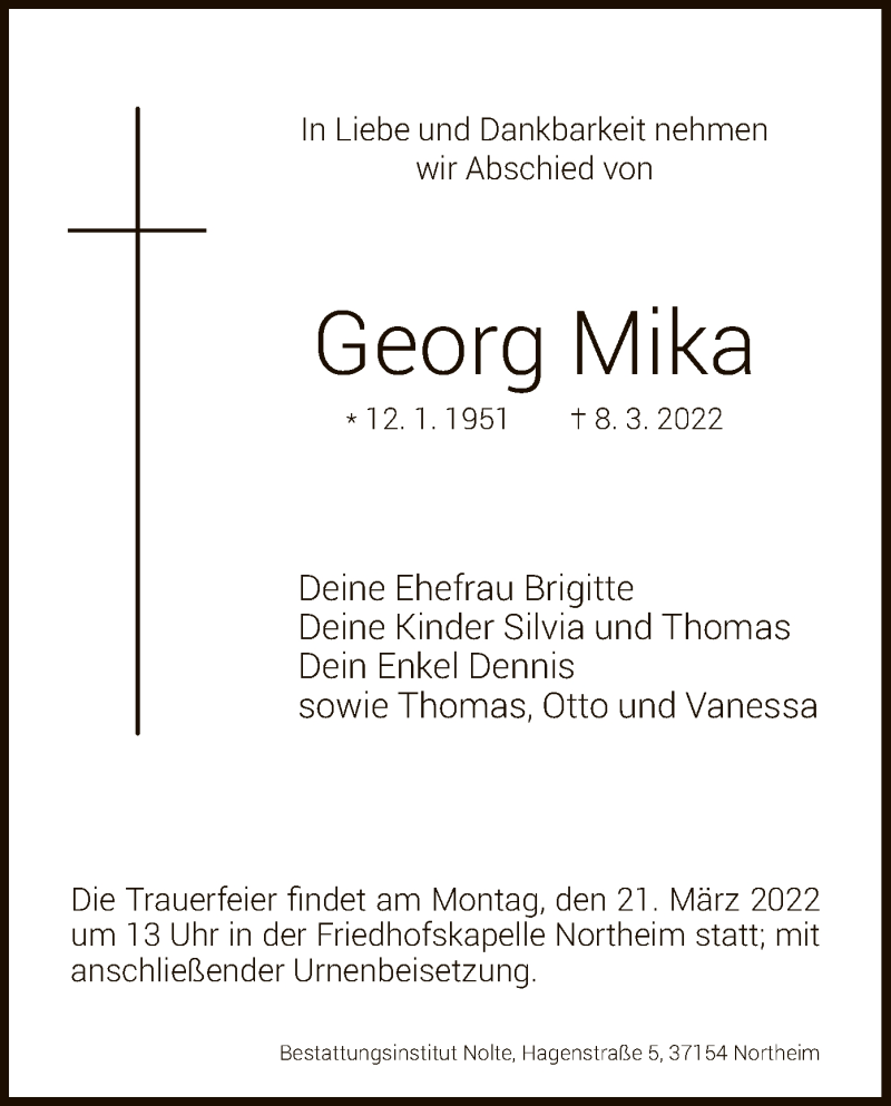  Traueranzeige für Georg Mika vom 12.03.2022 aus HNA