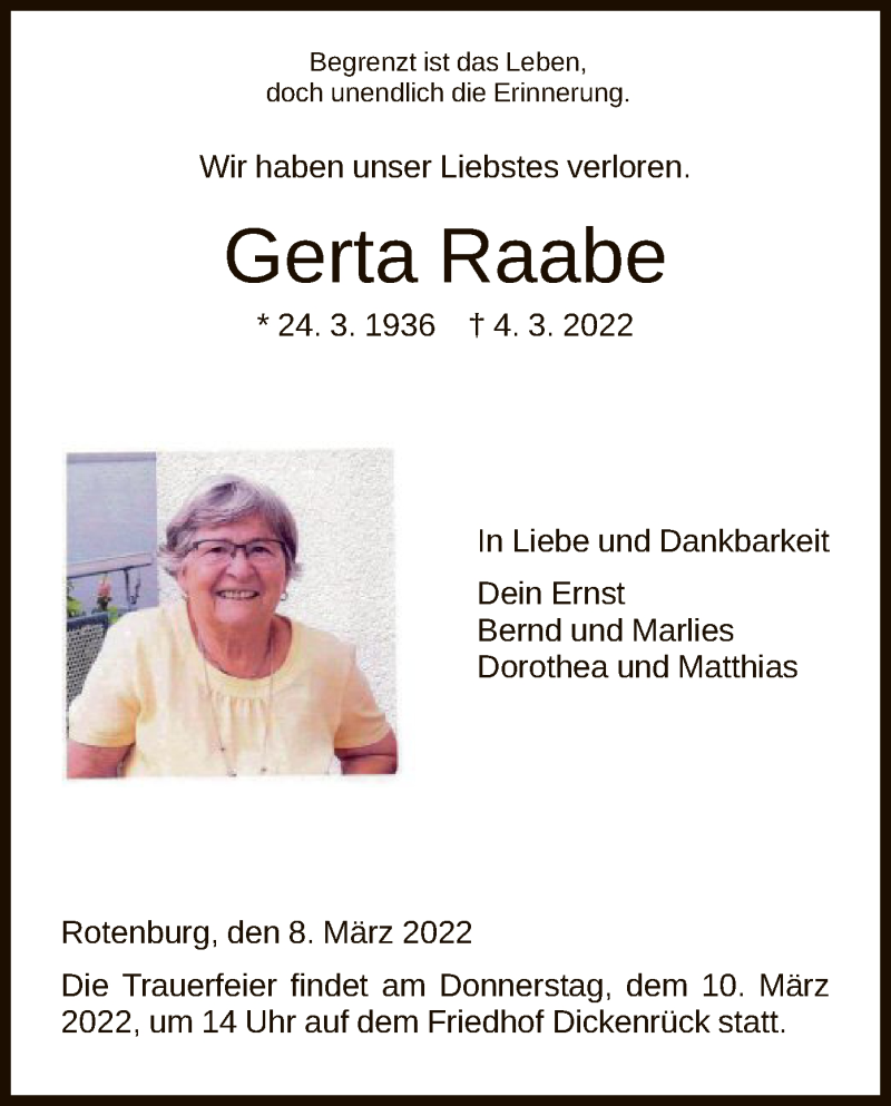  Traueranzeige für Gerta Raabe vom 08.03.2022 aus HNA