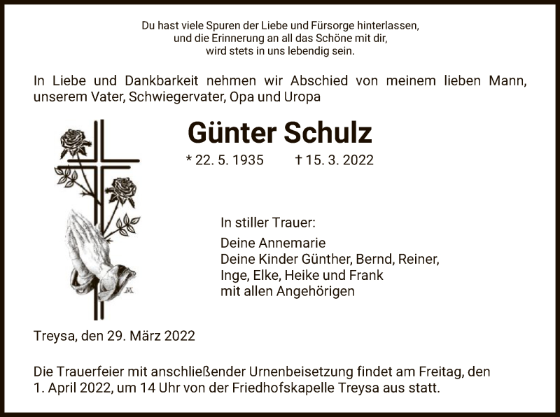 Traueranzeige für Günter Schulz vom 29.03.2022 aus HNA