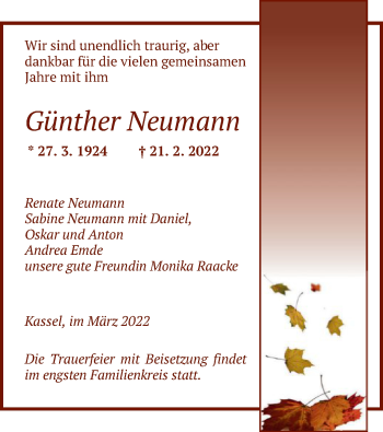 Traueranzeige von Günther Neumann von HNA