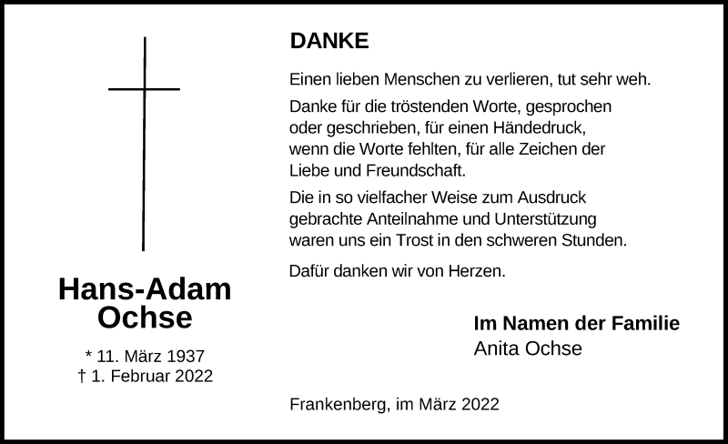  Traueranzeige für Hans-Adam Ochse vom 26.03.2022 aus HNA