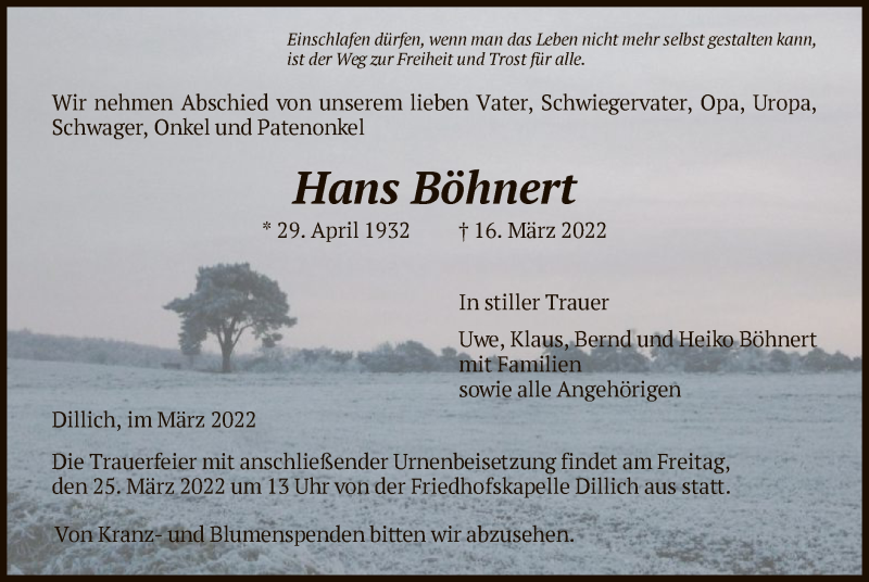  Traueranzeige für Hans Böhnert vom 19.03.2022 aus HNA