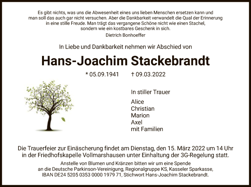  Traueranzeige für Hans-Joachim Stackebrandt vom 12.03.2022 aus HNA