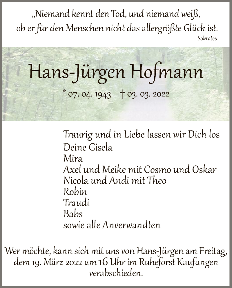  Traueranzeige für Hans-Jürgen Hofmann vom 12.03.2022 aus HNA
