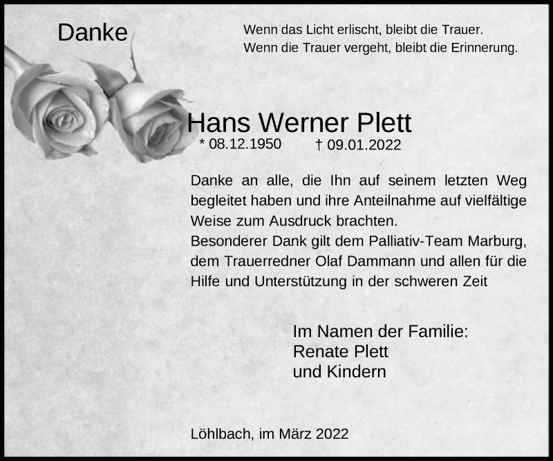  Traueranzeige für Hans Werner Plett vom 05.03.2022 aus HNA