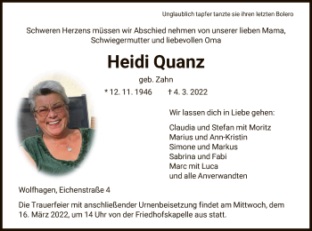 Traueranzeige von Heidi Quanz von HNA