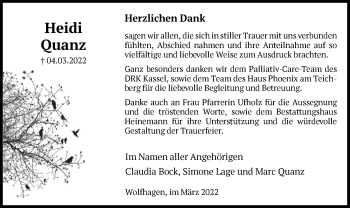 Traueranzeige von Heidi Quanz von HNA