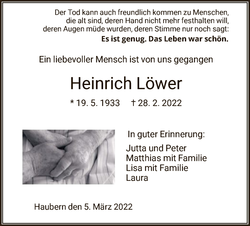  Traueranzeige für Heinrich Löwer vom 05.03.2022 aus HNA