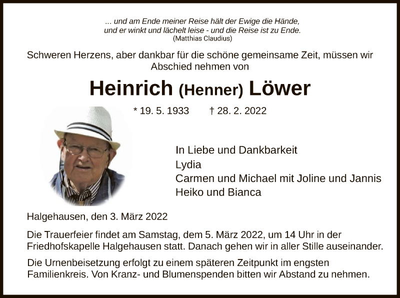  Traueranzeige für Heinrich Löwer vom 04.03.2022 aus HNA