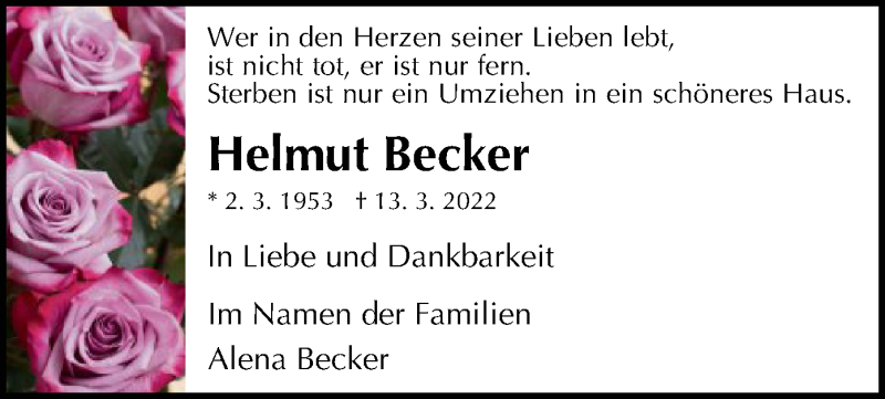  Traueranzeige für Helmut Becker vom 19.03.2022 aus HNA