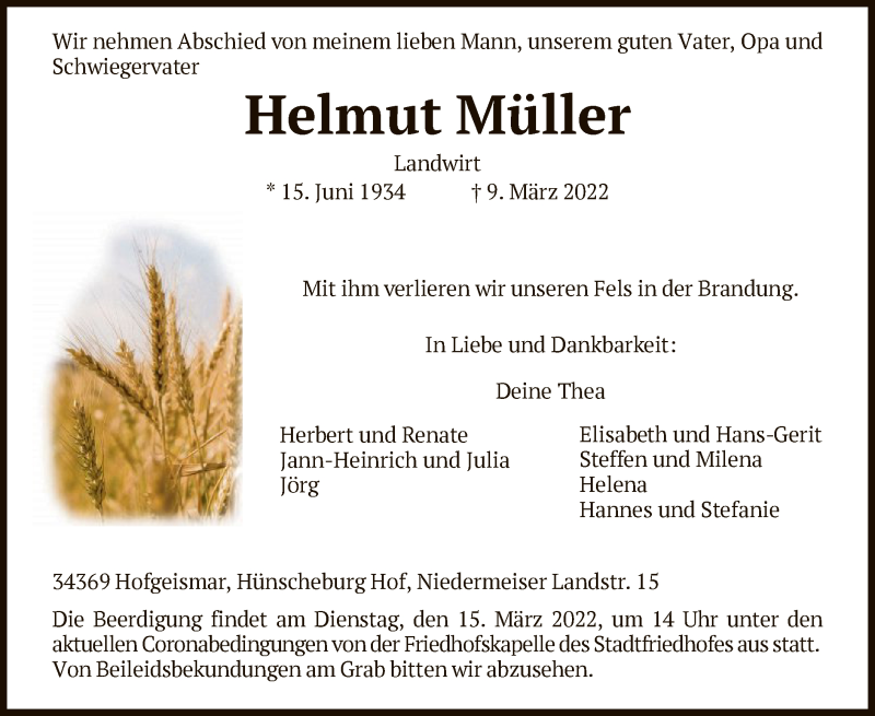  Traueranzeige für Helmut Müller vom 12.03.2022 aus HNA