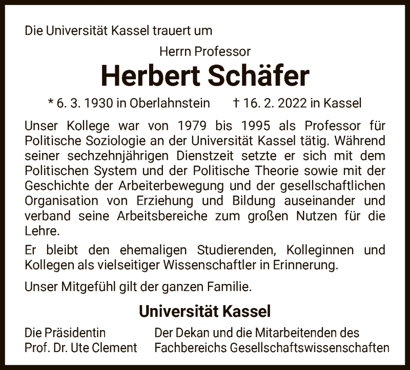  Traueranzeige für Herbert Schäfer vom 05.03.2022 aus HNA
