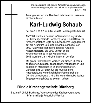 Traueranzeige von Karl-Ludwig Schaub von HNA