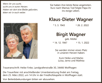 Traueranzeige von Klaus-Dieter und Birgit Wagner von HNA