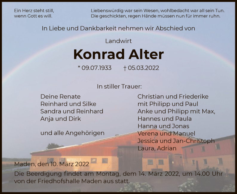  Traueranzeige für Konrad Alter vom 10.03.2022 aus HNA